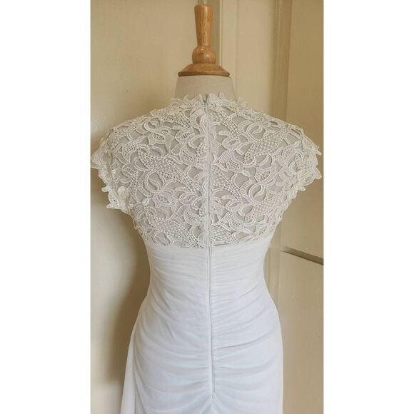 Xscape White Jersey,  Chiffon and Lace Empire Waist Gown with side Draped Oversk - Picture 6 of 11